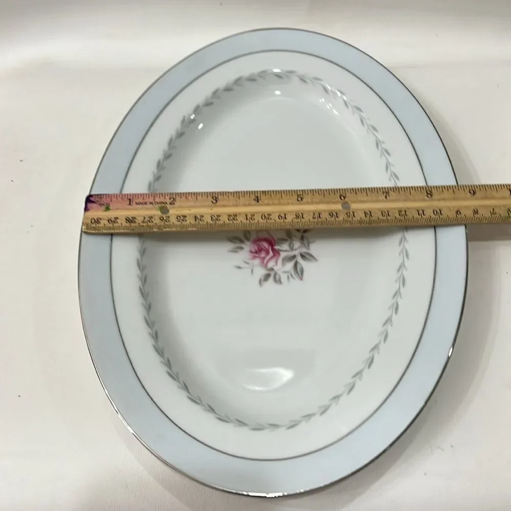 Regency Japan Oval Serving Platter Silver Trim Blue White Pink Rose Floral